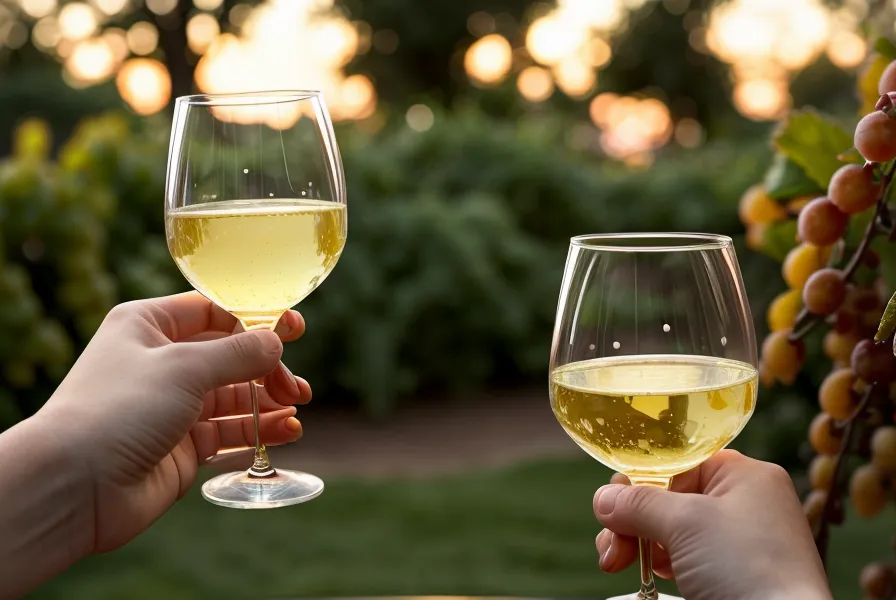Main tenant un verre de vin frais avec de la condensation lors d'une soirée