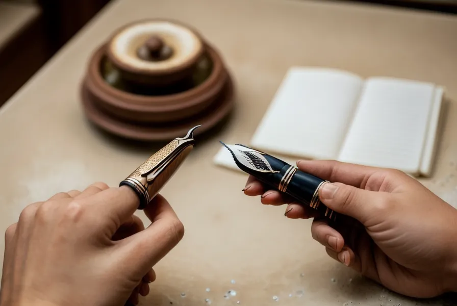 Gros plan d'une main tenant un stylo au-dessus d'un carnet de notes.